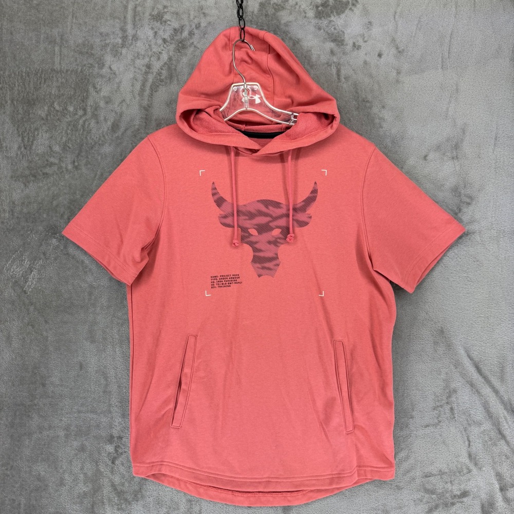 Under Armour Project Rock Short Sleeve Hoodie Coral Pink Brahma Bull Mens M